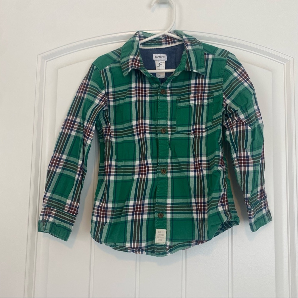 Carter's Little Boys Green Checkered Button Down Shirt Size 4T